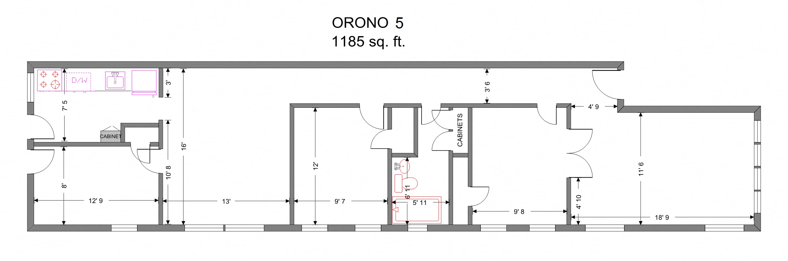 Floor plan layout diagram for Orono, 2 Bedroom 1 Bath